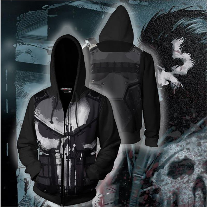 3D Printing Kit - 3D Baskılı Punisher Fermuarlı Kapüşonlu Üst,